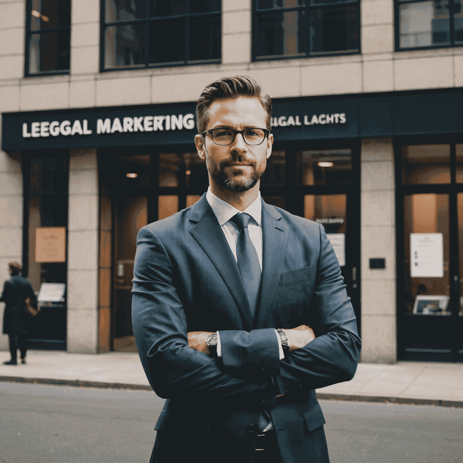 A professional lawyer standing in front of a law firm building, with marketing graphics and charts overlaid to represent legal marketing strategies