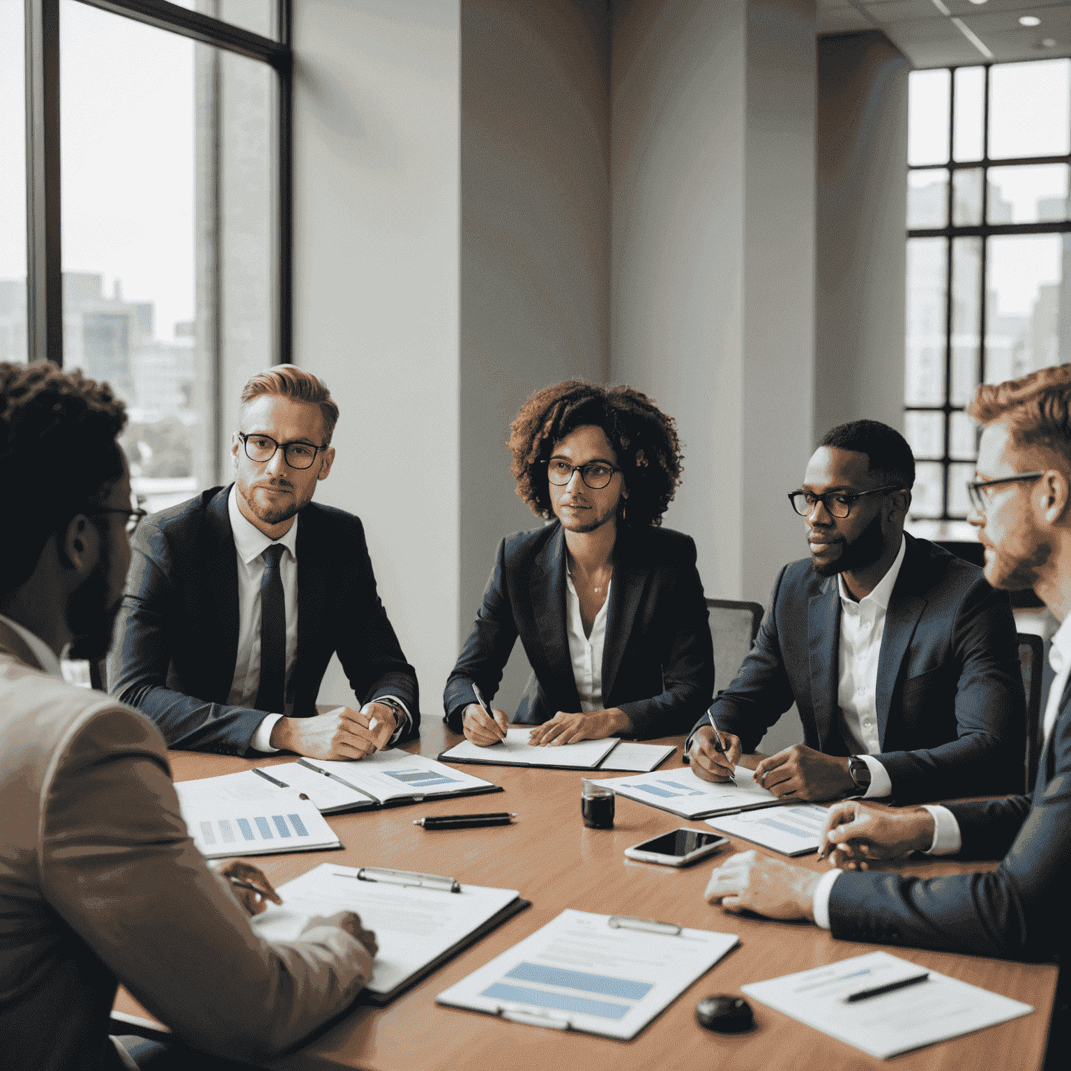 A group of diverse legal professionals discussing marketing strategies around a conference table, with client personas and marketing materials visible