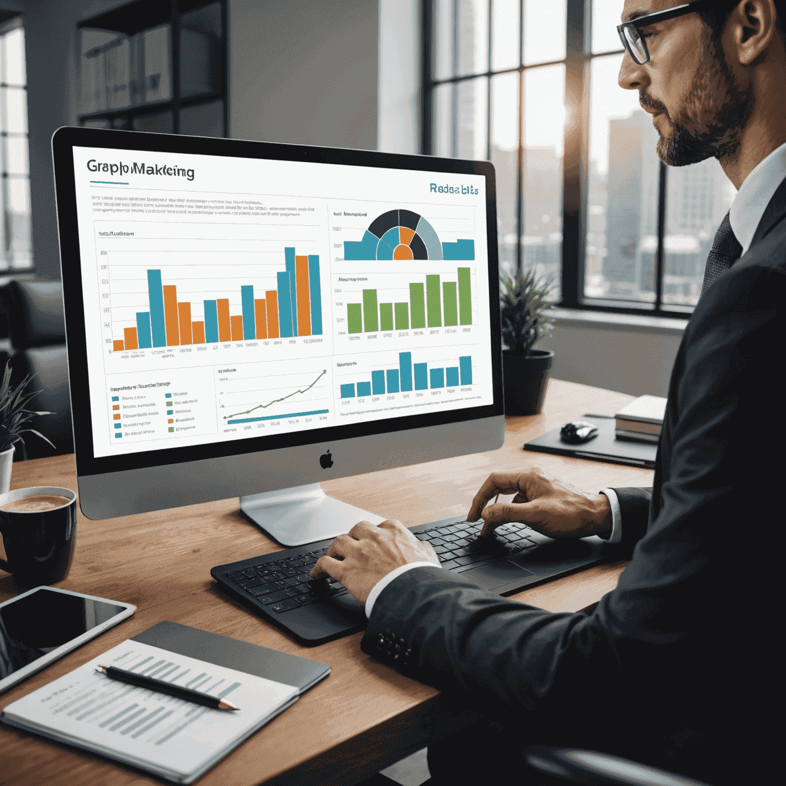 A professional graph showing various legal marketing metrics and ROI calculations, with a lawyer analyzing the data on a computer screen