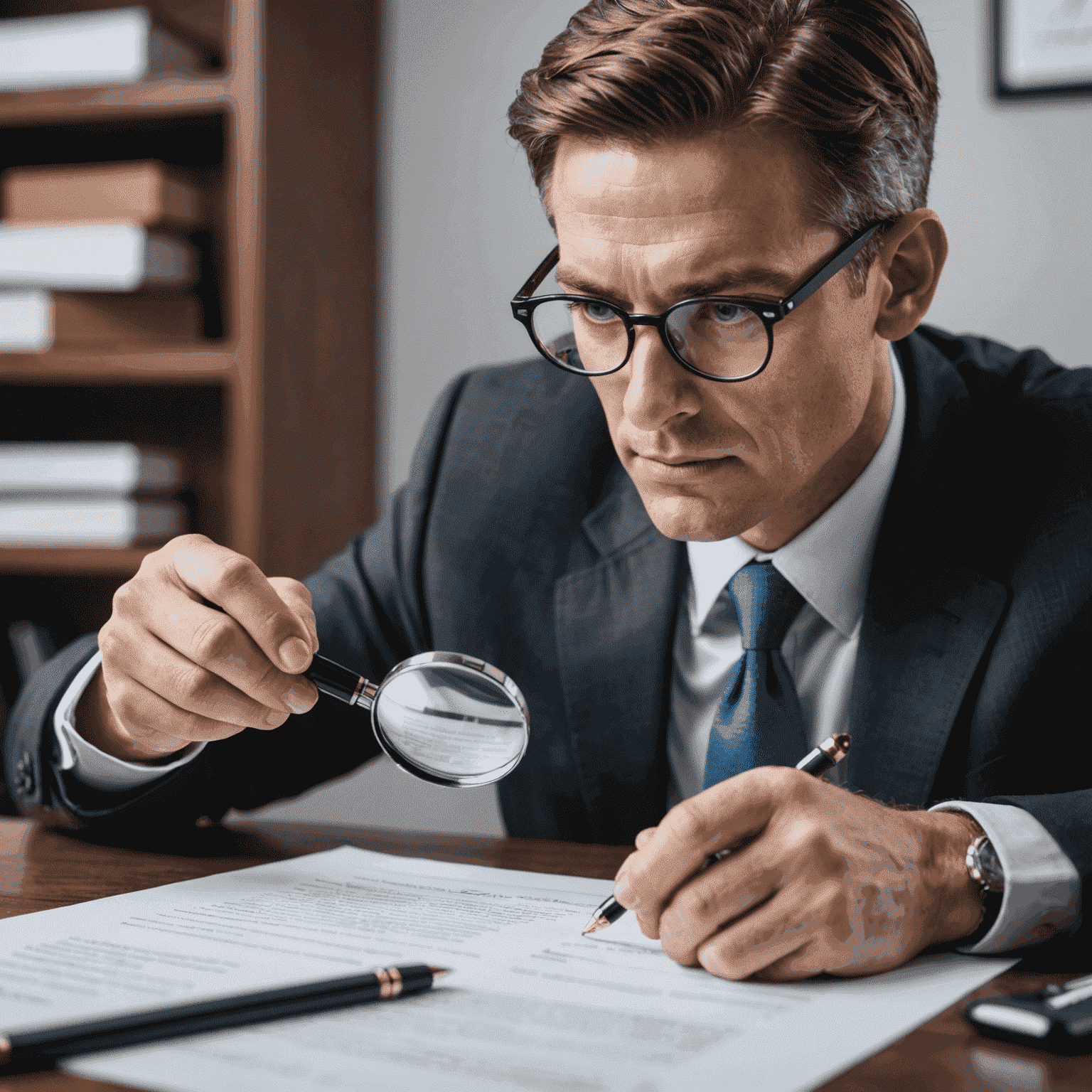 A professional lawyer reviewing marketing materials with a magnifying glass, emphasizing ethical scrutiny in legal advertising