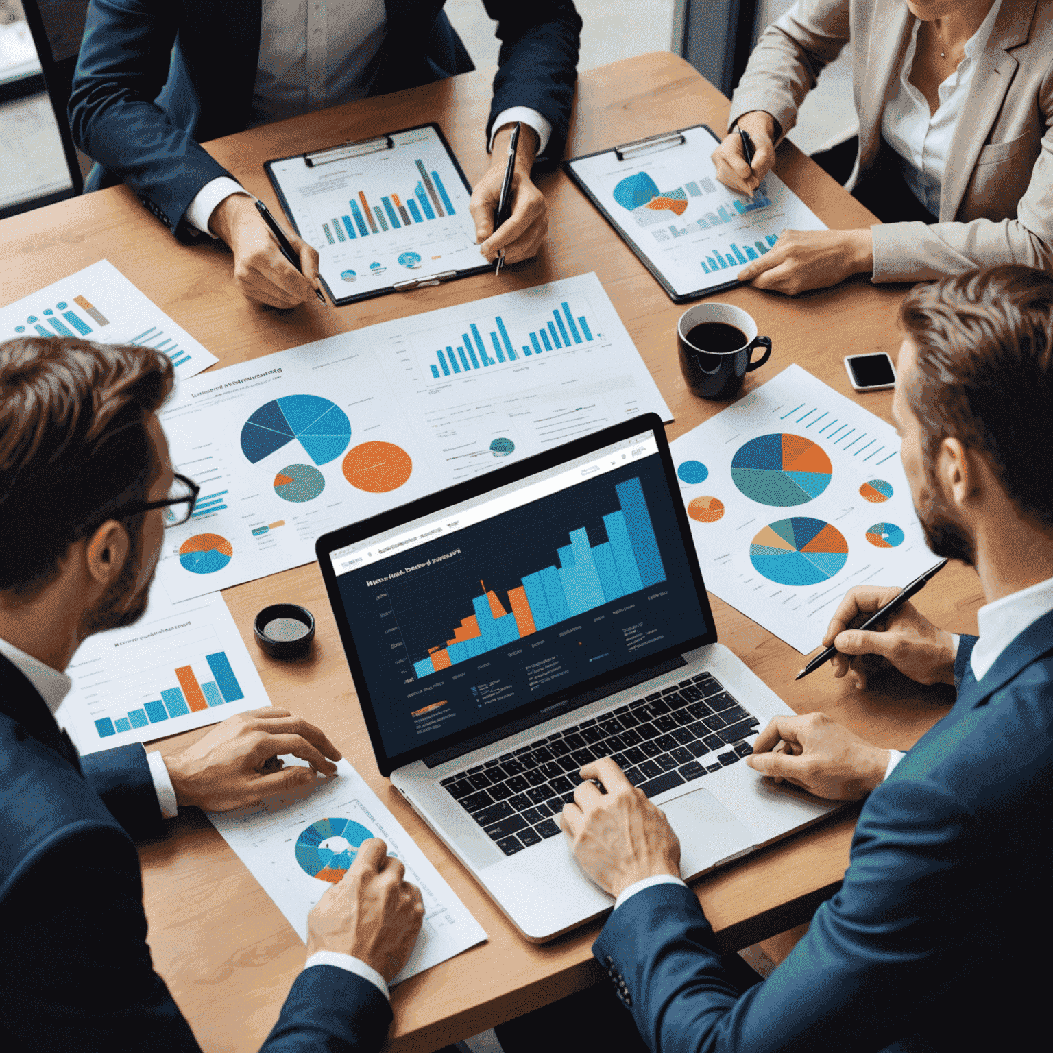 A team of legal marketers discussing a dashboard of marketing analytics, pointing to various charts and graphs